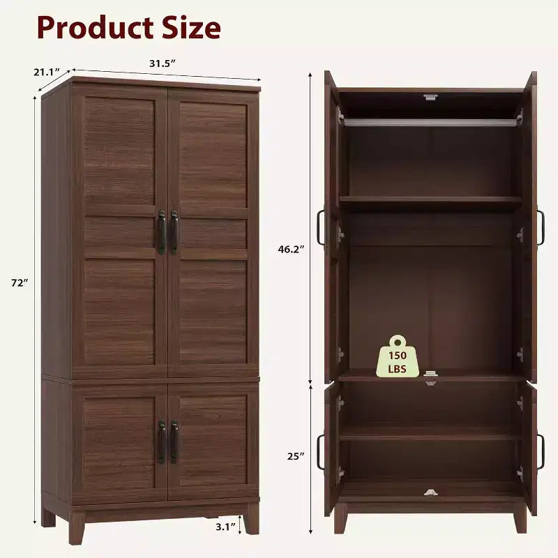 Armoire en bois de 72 po avec 4 portes, tringle à vêtements et 18 tablettes réglables pour chambre à coucher, armoire de rangement pour garde-robe organisée