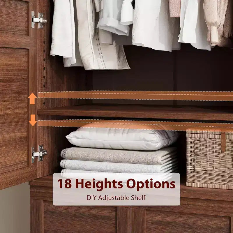 72 Wooden Armoire Wardrobe Closet with 4 Doors, Hanging Rod, and 18 Adjustable Shelves for Bedroom Storage, Clothing Cabinet for Organized Wardrobe