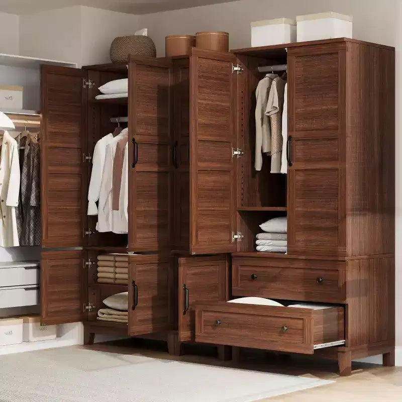Armoire en bois de 72 po avec 4 portes, tringle à vêtements et 18 tablettes réglables pour chambre à coucher, armoire de rangement pour garde-robe organisée