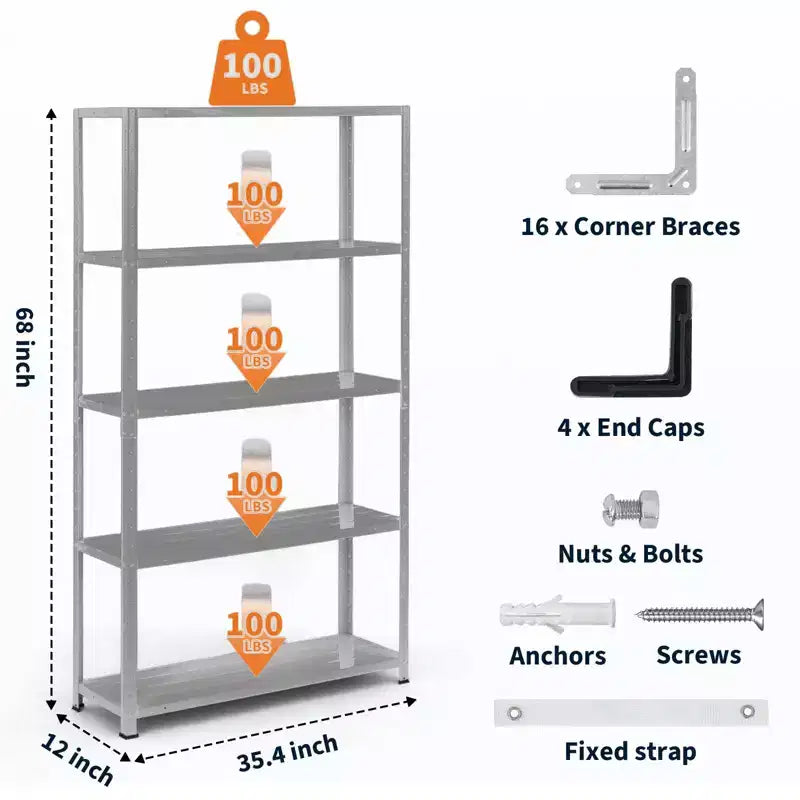 Étagère en acier robuste à 5 niveaux, étagère de rangement de garage d'une capacité de 227 kg avec hauteur réglable, étagères métalliques, étagères industrielles