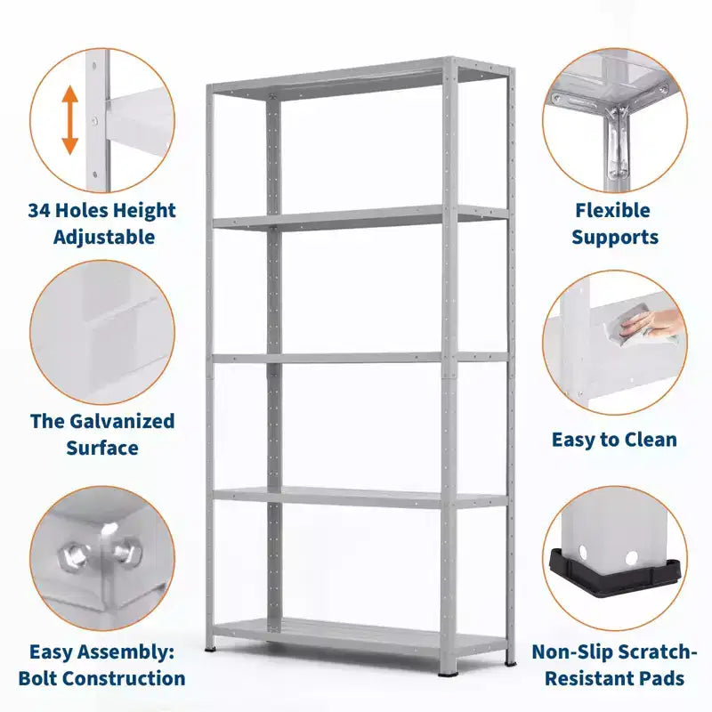 Étagère en acier robuste à 5 niveaux, étagère de rangement de garage d'une capacité de 227 kg avec hauteur réglable, étagères métalliques, étagères industrielles