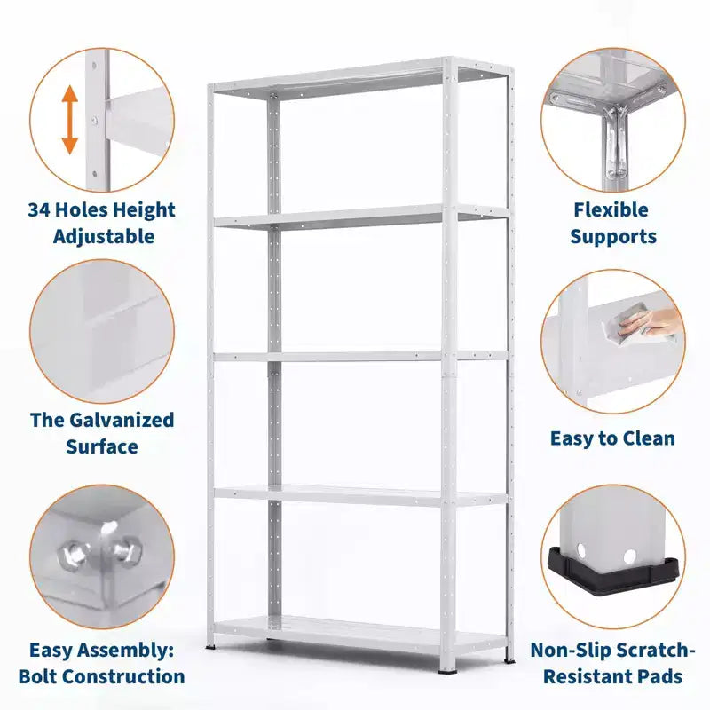 Étagère en acier robuste à 5 niveaux, étagère de rangement de garage d'une capacité de 227 kg avec hauteur réglable, étagères métalliques, étagères industrielles
