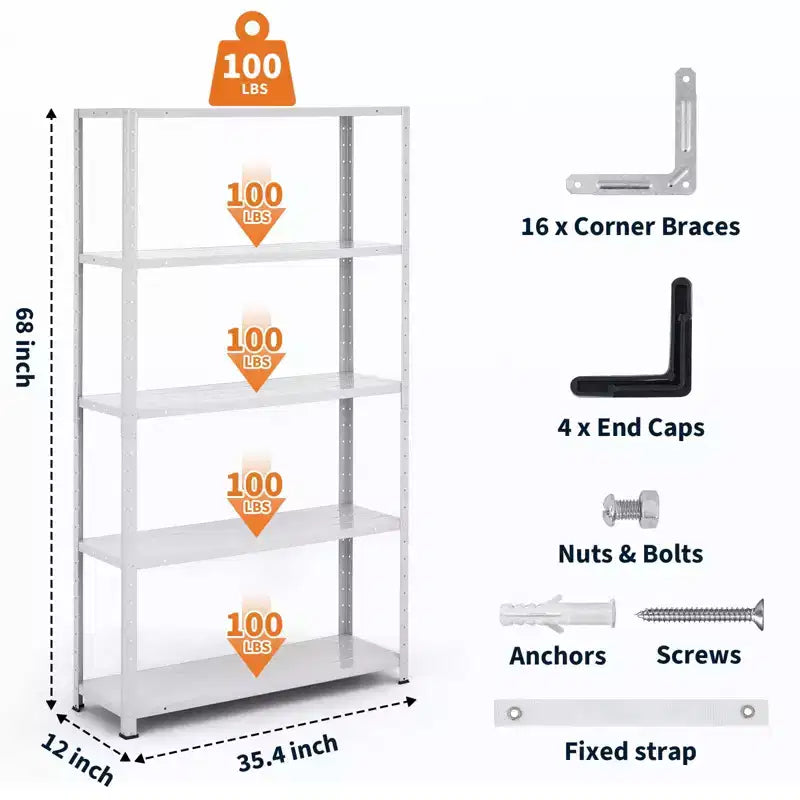 Étagère en acier robuste à 5 niveaux, étagère de rangement de garage d'une capacité de 227 kg avec hauteur réglable, étagères métalliques, étagères industrielles