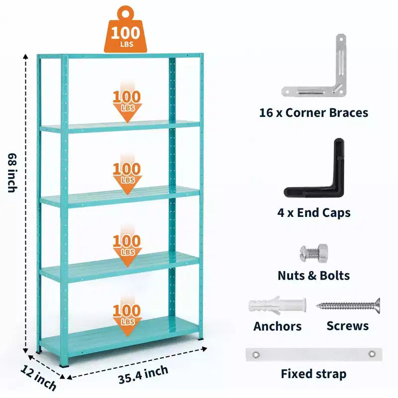 5 Tier Heavy Duty Steel Shelving Unit, 500 lbs Capacity Garage Storage Shelves with Adjustable Height, Metal Shelves, Industrial Shelves