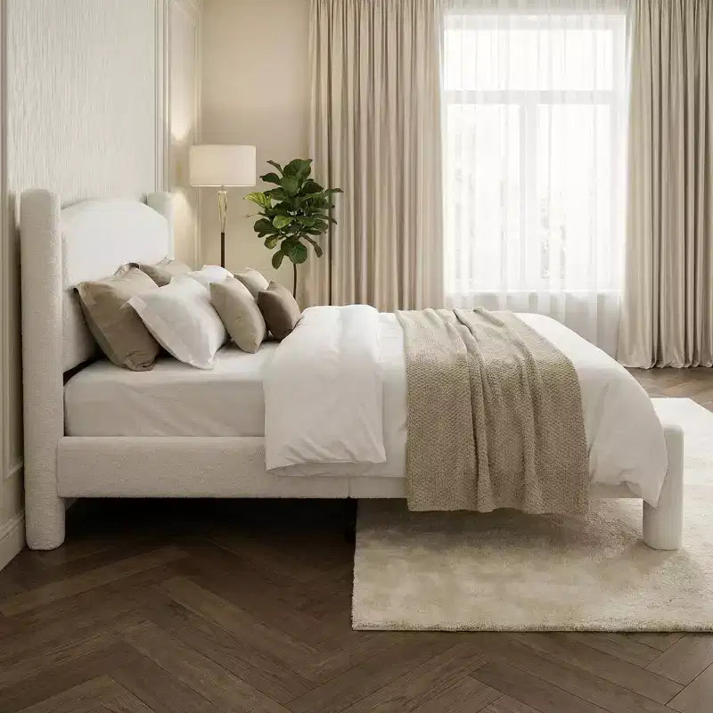 Boucle Bed Frame, Upholstered Platform Cloud Bed with Soft Round Headboard & Sturdy Legs, No Box Spring Needed, White Easy Assembly Mattress Bedframe