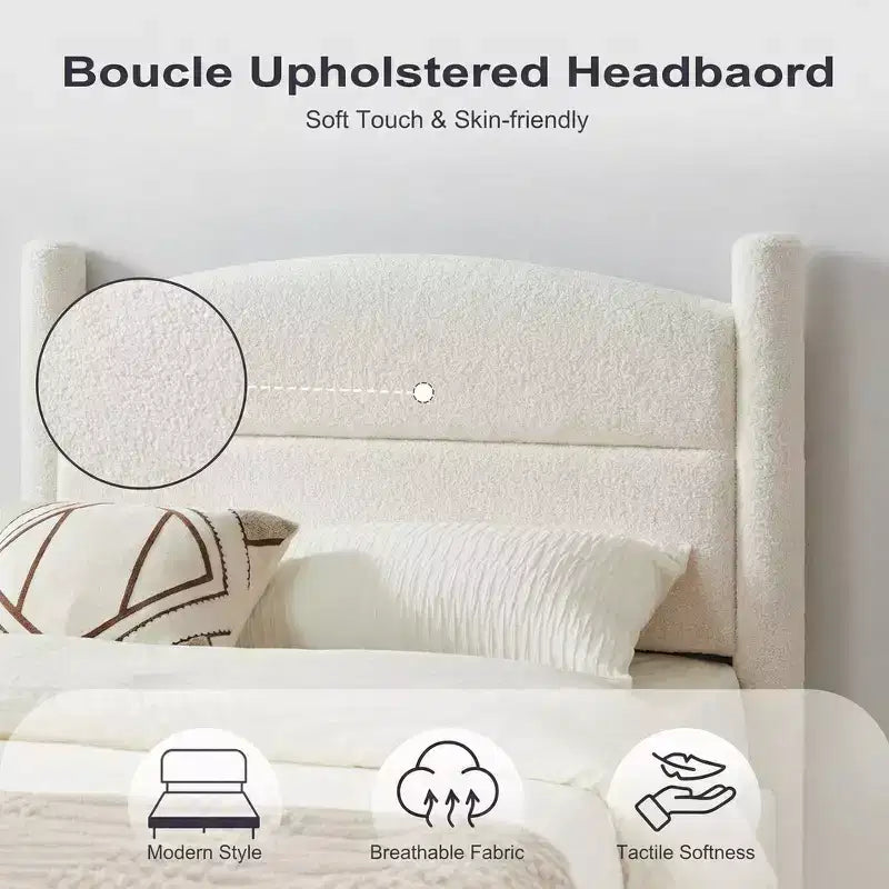 Cadre de lit Boucle, lit plateforme rembourré Cloud avec tête de lit ronde et douce et pieds robustes, aucun sommier tapissier requis, cadre de lit facile à assembler, blanc