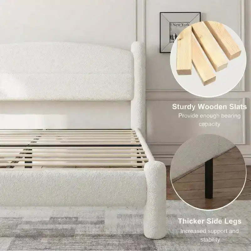 Boucle Bed Frame, Upholstered Platform Cloud Bed with Soft Round Headboard & Sturdy Legs, No Box Spring Needed, White Easy Assembly Mattress Bedframe