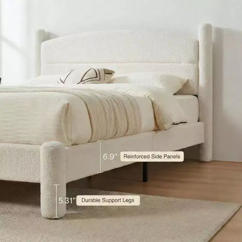 Cadre de lit Boucle, lit plateforme rembourré Cloud avec tête de lit ronde et douce et pieds robustes, aucun sommier tapissier requis, cadre de lit facile à assembler, blanc