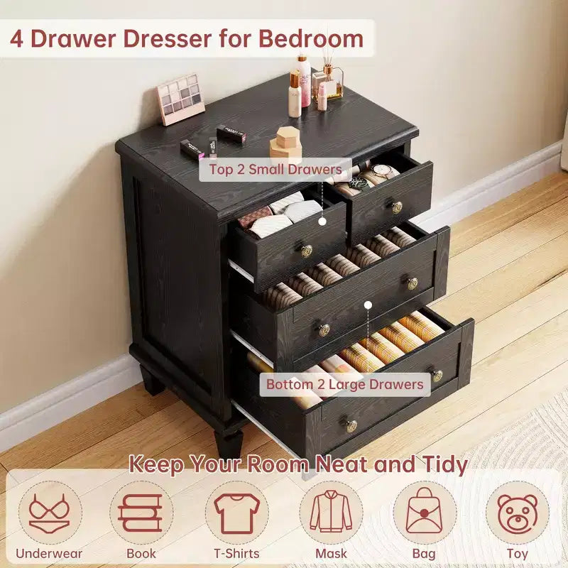 4 Drawer Dresser for Bedroom, Vintage Chest of Drawers with Tapered Legs, Wooden Small Dresser Nightstand, Clothes Storage Organizer, Light Brown