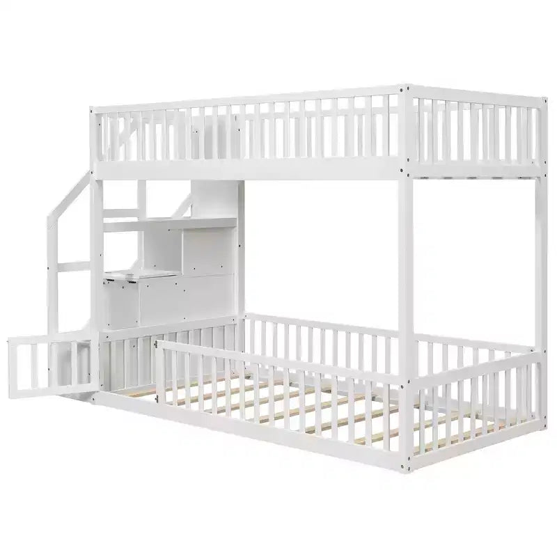 Lit superposé Whisen double sur double avec cadre de lit et garde-corps en forme de clôture, échelle avec rangement