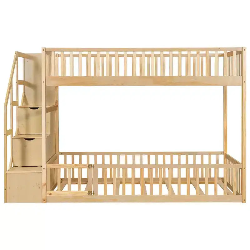 Whisen Twin over Twin Floor Bunk Bed& Bed Frame with Fence-Shaped Guardrails, Ladder with Storage