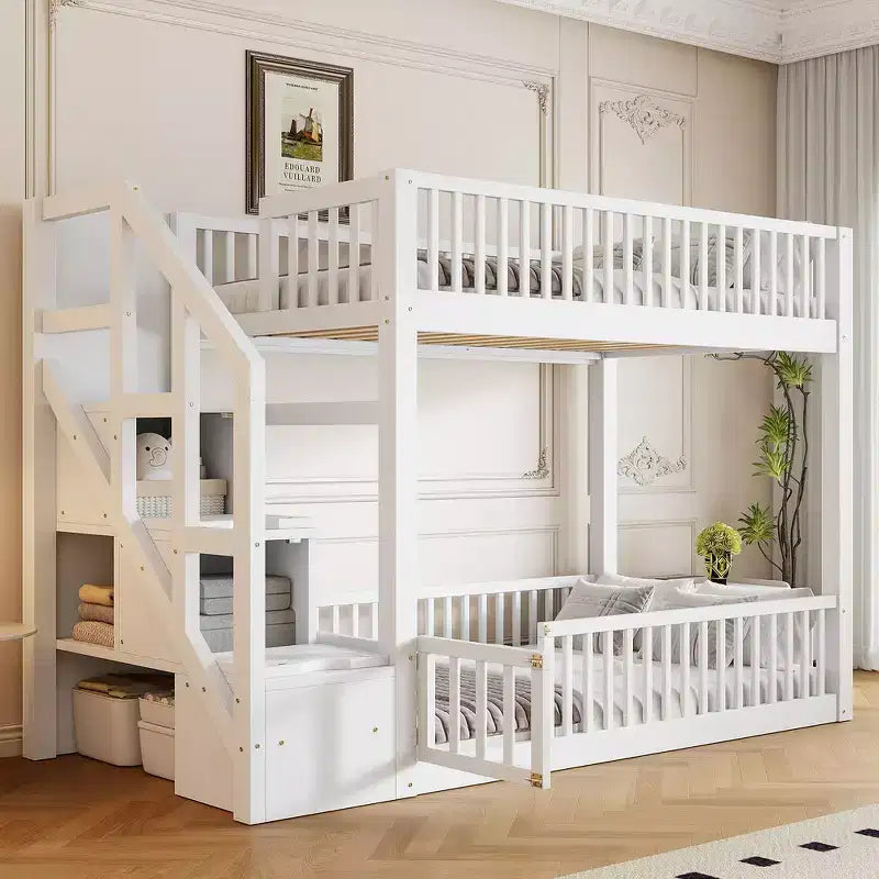 Whisen Twin over Twin Floor Bunk Bed& Bed Frame with Fence-Shaped Guardrails, Ladder with Storage