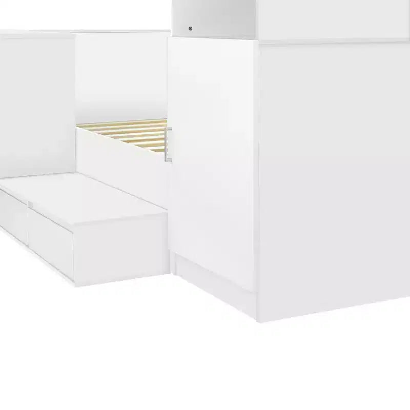 Lit de rangement pleine taille avec bureau intégré, armoire et 6 tiroirs, blanc, gain de place