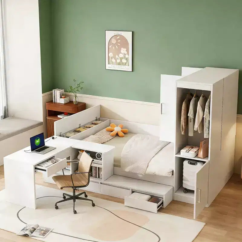 Lit de rangement pleine taille avec bureau intégré, armoire et 6 tiroirs, blanc, gain de place