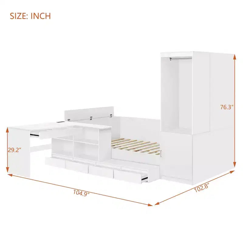 Full Size Storage Bed with Built-in Desk, Wardrobe & 6 Drawers, White, Space-Saving