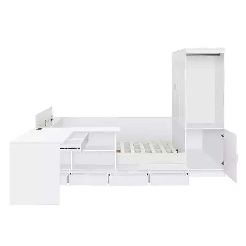 Full Size Storage Bed with Built-in Desk, Wardrobe & 6 Drawers, White, Space-Saving