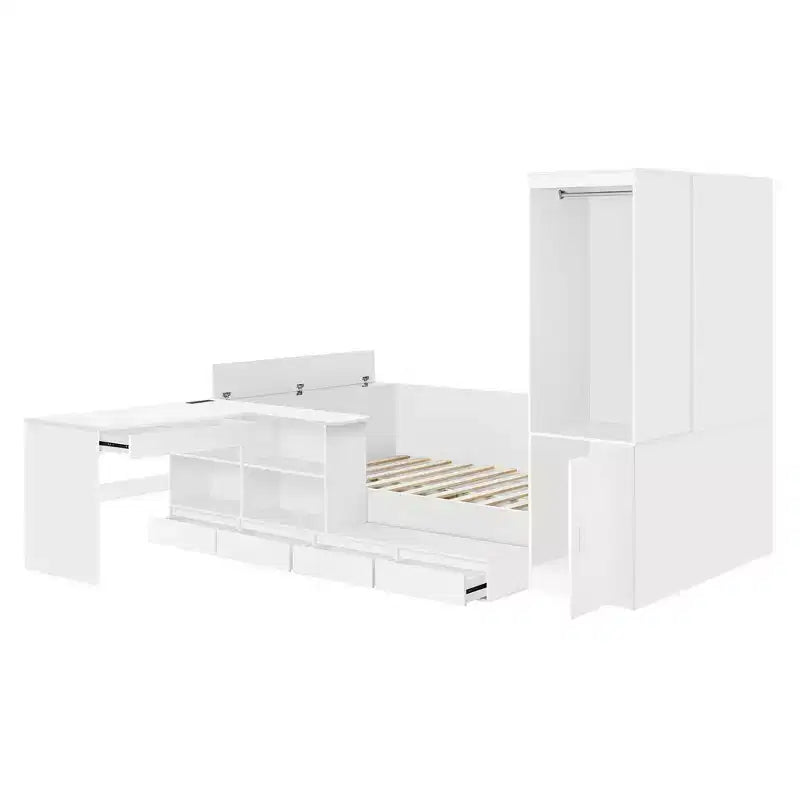 Lit de rangement pleine taille avec bureau intégré, armoire et 6 tiroirs, blanc, gain de place