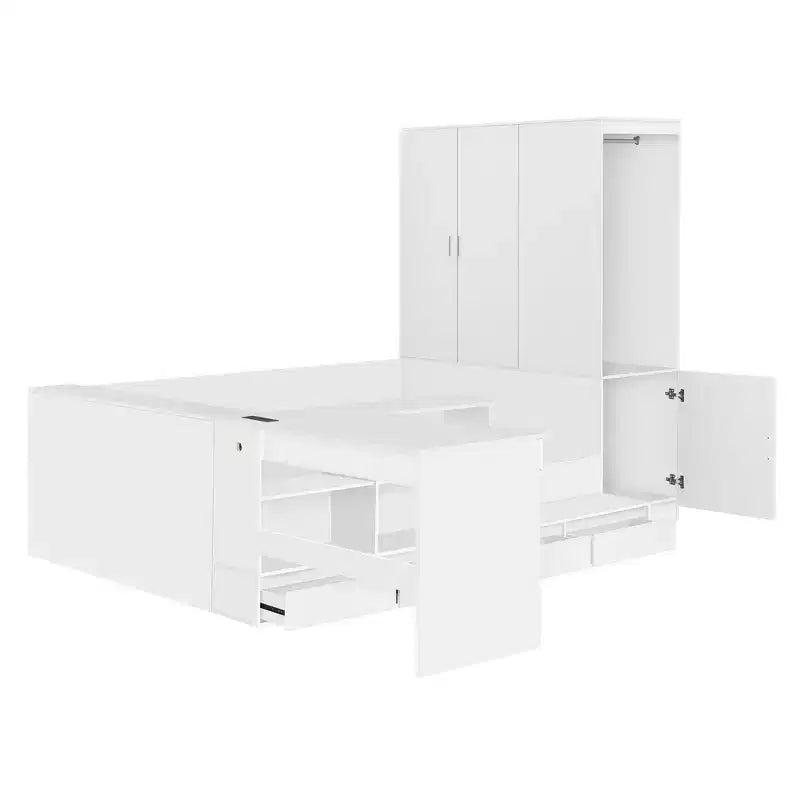 Lit de rangement pleine taille avec bureau intégré, armoire et 6 tiroirs, blanc, gain de place