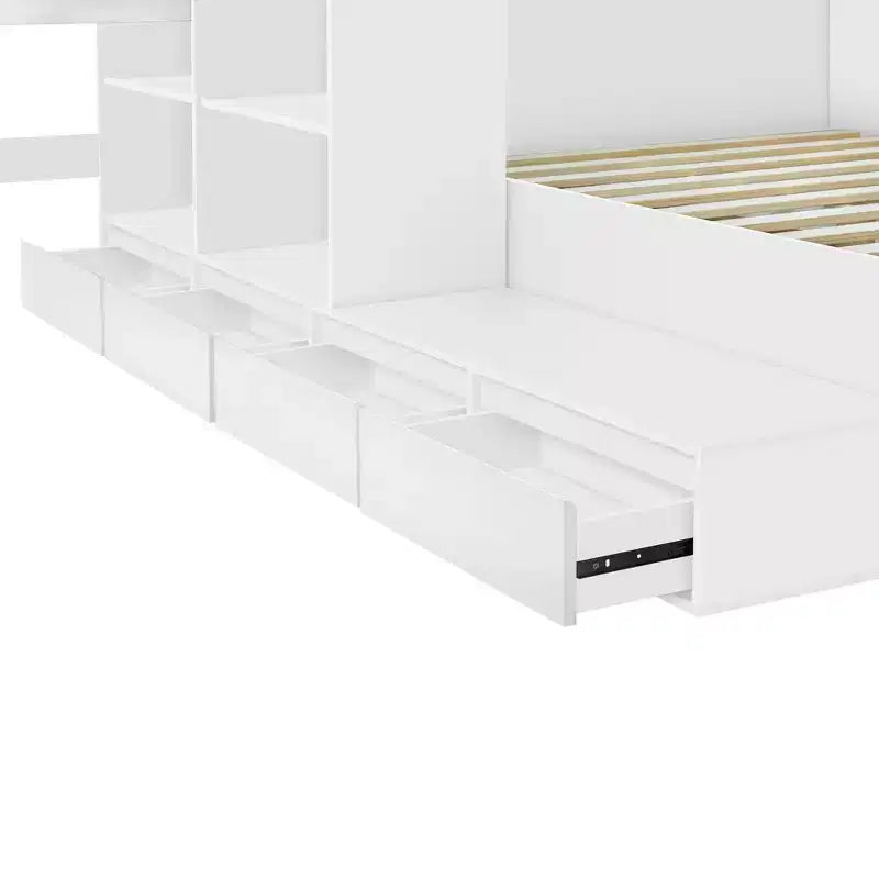 Lit de rangement pleine taille avec bureau intégré, armoire et 6 tiroirs, blanc, gain de place