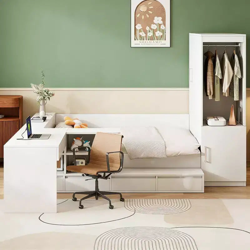 Full Size Storage Bed with Built-in Desk, Wardrobe & 6 Drawers, White, Space-Saving