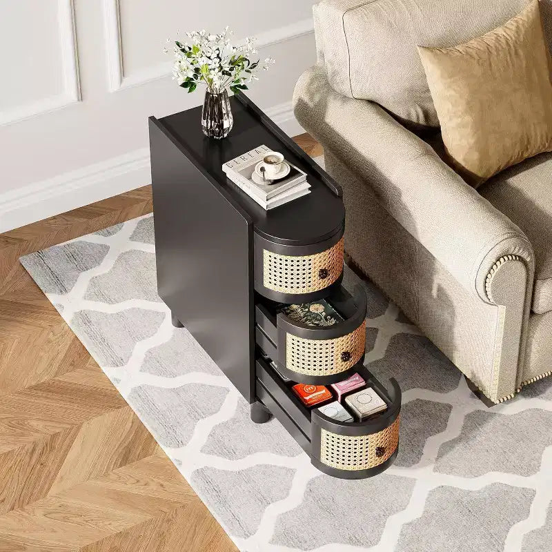 Table d'appoint étroite en rotin avec 3 tiroirs, aucun assemblage requis, en bois massif, noir, 68,5 cm H x 28 cm L