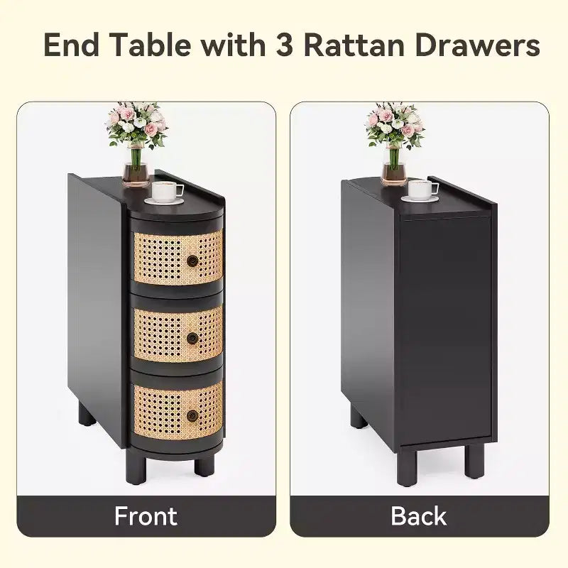 Table d'appoint étroite en rotin avec 3 tiroirs, aucun assemblage requis, en bois massif, noir, 68,5 cm H x 28 cm L