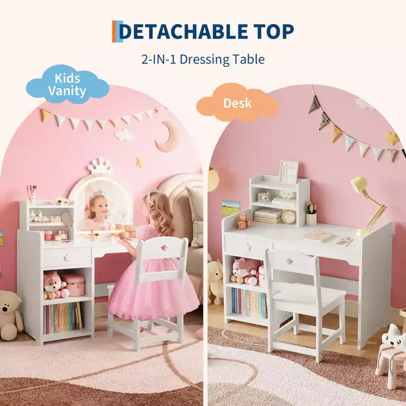 Coiffeuse Enfant avec Miroir Couronne Lumineux LED, Bureau de Maquillage Princesse avec Tiroirs de Rangement et Étagères Ouvertes, Ensemble Coiffeuse avec Chaise pour Chambre à Coucher