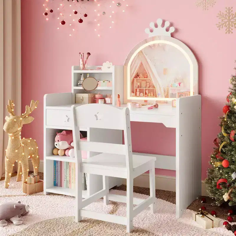 Coiffeuse Enfant avec Miroir Couronne Lumineux LED, Bureau de Maquillage Princesse avec Tiroirs de Rangement et Étagères Ouvertes, Ensemble Coiffeuse avec Chaise pour Chambre à Coucher