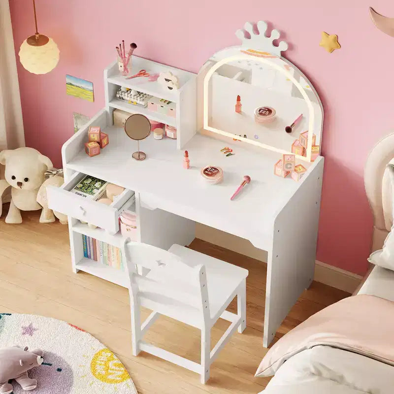 Coiffeuse Enfant avec Miroir Couronne Lumineux LED, Bureau de Maquillage Princesse avec Tiroirs de Rangement et Étagères Ouvertes, Ensemble Coiffeuse avec Chaise pour Chambre à Coucher