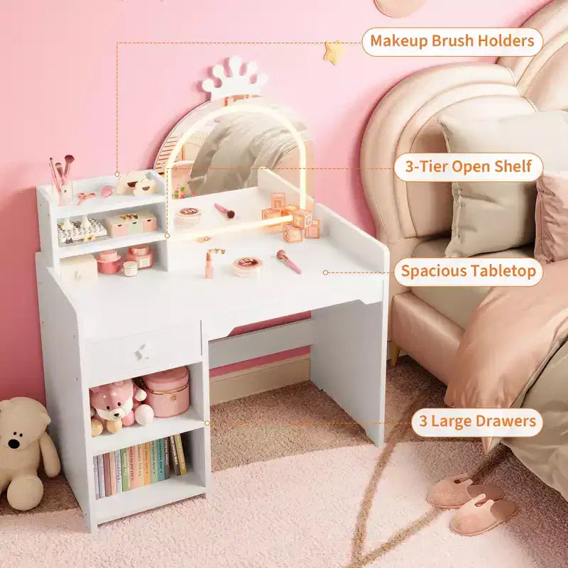 Coiffeuse Enfant avec Miroir Couronne Lumineux LED, Bureau de Maquillage Princesse avec Tiroirs de Rangement et Étagères Ouvertes, Ensemble Coiffeuse avec Chaise pour Chambre à Coucher