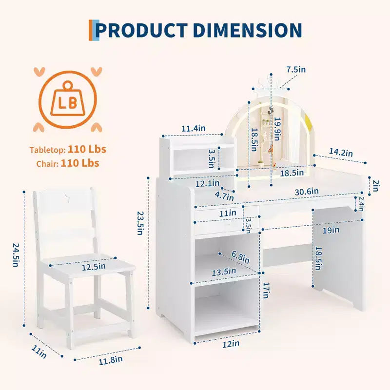 Coiffeuse Enfant avec Miroir Couronne Lumineux LED, Bureau de Maquillage Princesse avec Tiroirs de Rangement et Étagères Ouvertes, Ensemble Coiffeuse avec Chaise pour Chambre à Coucher