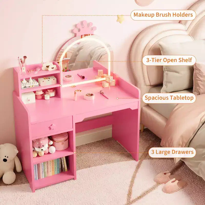 Coiffeuse Enfant avec Miroir Couronne Lumineux LED, Bureau de Maquillage Princesse avec Tiroirs de Rangement et Étagères Ouvertes, Ensemble Coiffeuse avec Chaise pour Chambre à Coucher