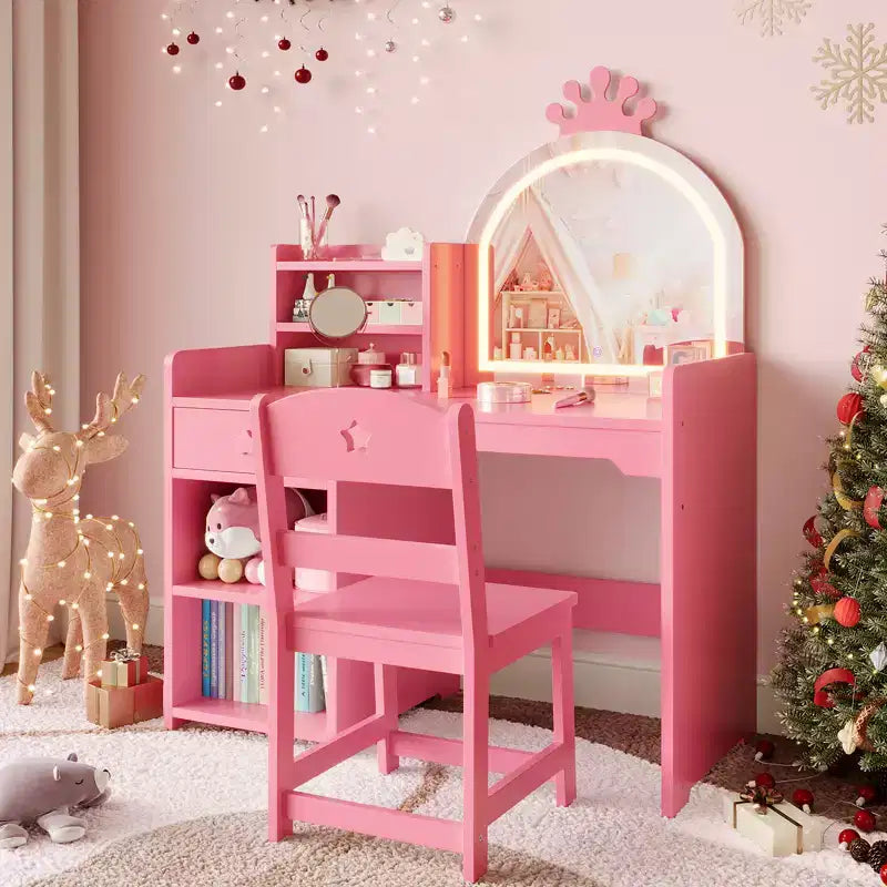 Coiffeuse Enfant avec Miroir Couronne Lumineux LED, Bureau de Maquillage Princesse avec Tiroirs de Rangement et Étagères Ouvertes, Ensemble Coiffeuse avec Chaise pour Chambre à Coucher