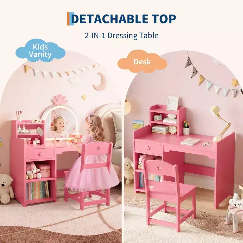 Coiffeuse Enfant avec Miroir Couronne Lumineux LED, Bureau de Maquillage Princesse avec Tiroirs de Rangement et Étagères Ouvertes, Ensemble Coiffeuse avec Chaise pour Chambre à Coucher