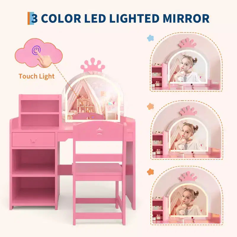 Coiffeuse Enfant avec Miroir Couronne Lumineux LED, Bureau de Maquillage Princesse avec Tiroirs de Rangement et Étagères Ouvertes, Ensemble Coiffeuse avec Chaise pour Chambre à Coucher