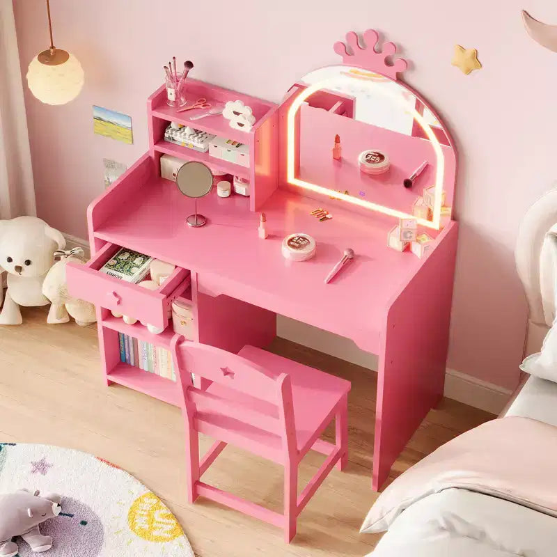 Coiffeuse Enfant avec Miroir Couronne Lumineux LED, Bureau de Maquillage Princesse avec Tiroirs de Rangement et Étagères Ouvertes, Ensemble Coiffeuse avec Chaise pour Chambre à Coucher