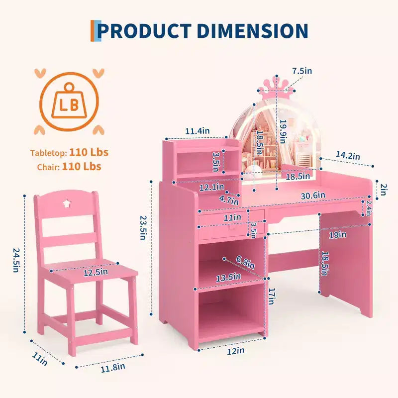 Coiffeuse Enfant avec Miroir Couronne Lumineux LED, Bureau de Maquillage Princesse avec Tiroirs de Rangement et Étagères Ouvertes, Ensemble Coiffeuse avec Chaise pour Chambre à Coucher