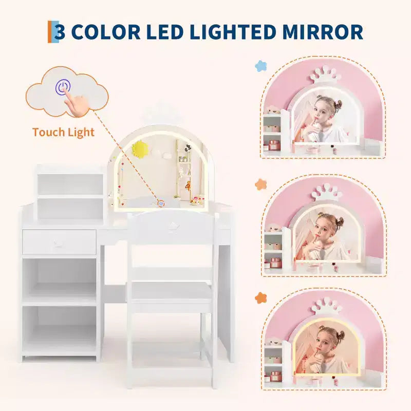 Coiffeuse Enfant avec Miroir Couronne Lumineux LED, Bureau de Maquillage Princesse avec Tiroirs de Rangement et Étagères Ouvertes, Ensemble Coiffeuse avec Chaise pour Chambre à Coucher
