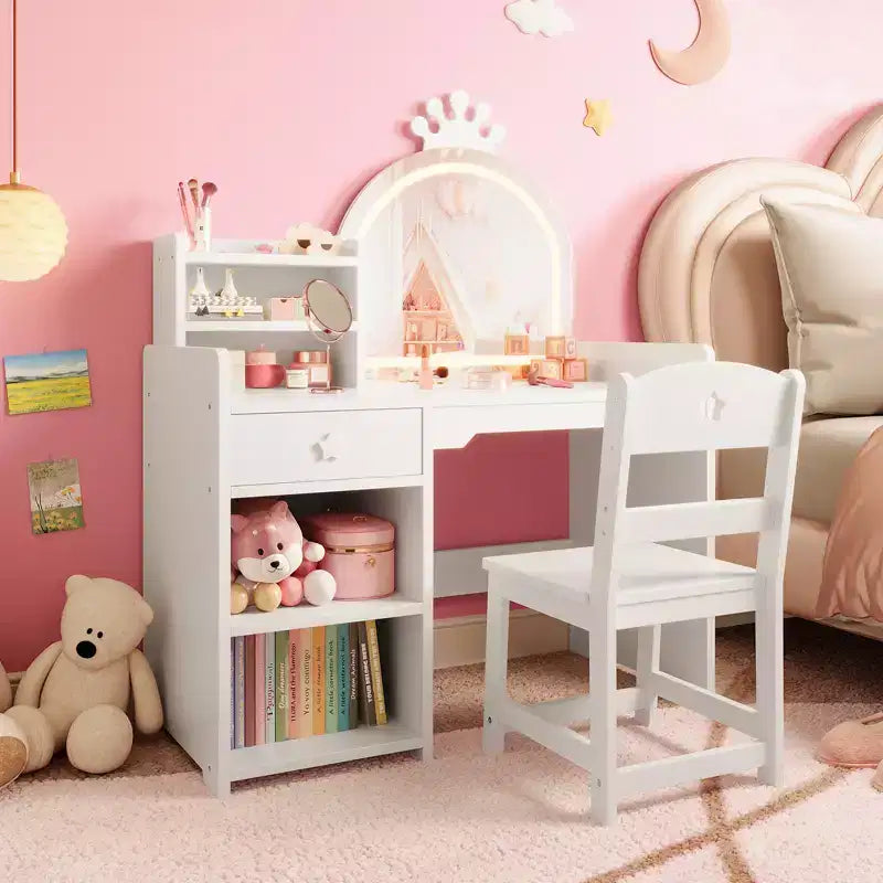 Kids Vanity Table with LED Lighted Crown Mirror, Princess Makeup Vanity Desk with Storage Drawers & Open Shelves, Vanity Set with Chair for Bedroom