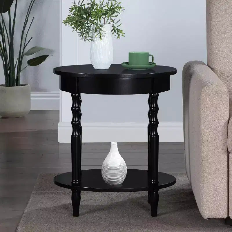 Table d'appoint ovale en bois massif avec étagère inférieure, pieds tournés, noir, 61 cm (H) x 51 cm (l)