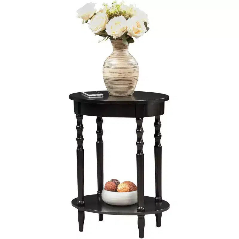 Table d'appoint ovale en bois massif avec étagère inférieure, pieds tournés, noir, 61 cm (H) x 51 cm (l)