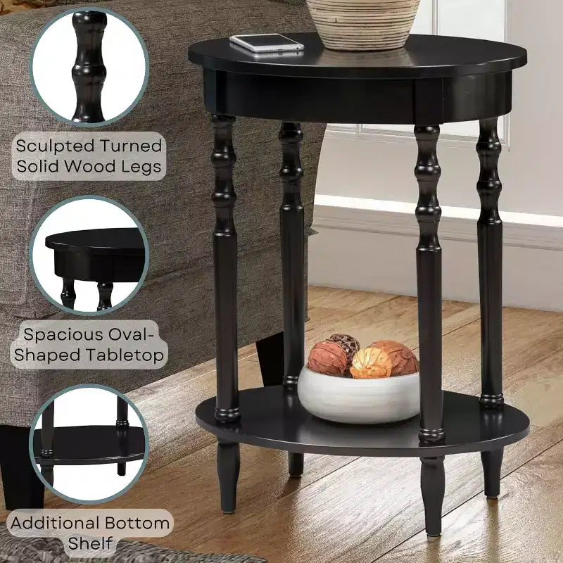 Table d'appoint ovale en bois massif avec étagère inférieure, pieds tournés, noir, 61 cm (H) x 51 cm (l)