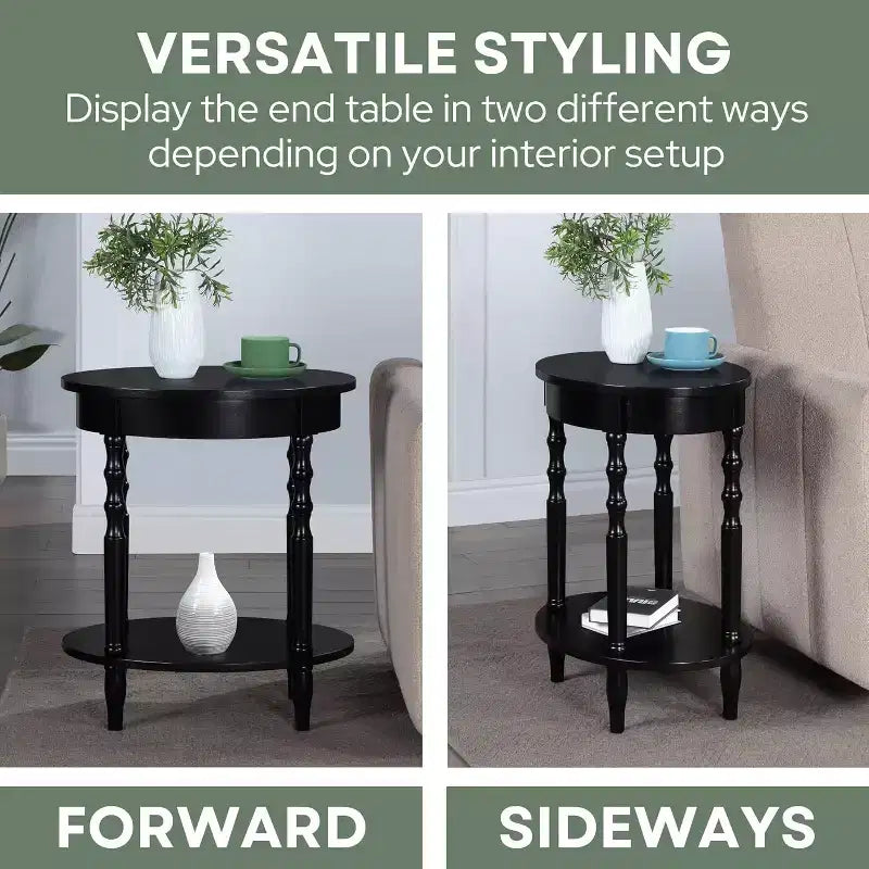 Table d'appoint ovale en bois massif avec étagère inférieure, pieds tournés, noir, 61 cm (H) x 51 cm (l)