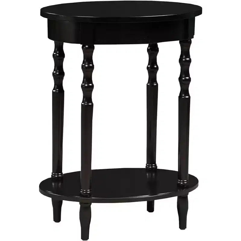 Table d'appoint ovale en bois massif avec étagère inférieure, pieds tournés, noir, 61 cm (H) x 51 cm (l)