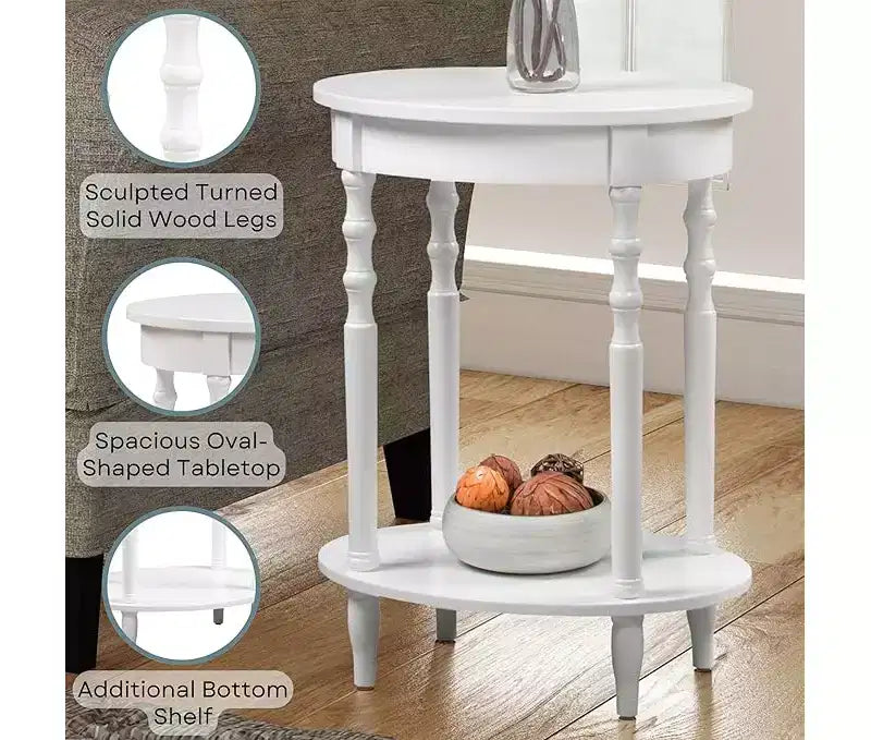 Table d'appoint ovale en bois massif avec étagère inférieure, pieds tournés, noir, 61 cm (H) x 51 cm (l)