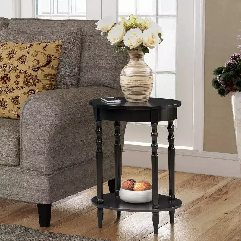 Table d'appoint ovale en bois massif avec étagère inférieure, pieds tournés, noir, 61 cm (H) x 51 cm (l)