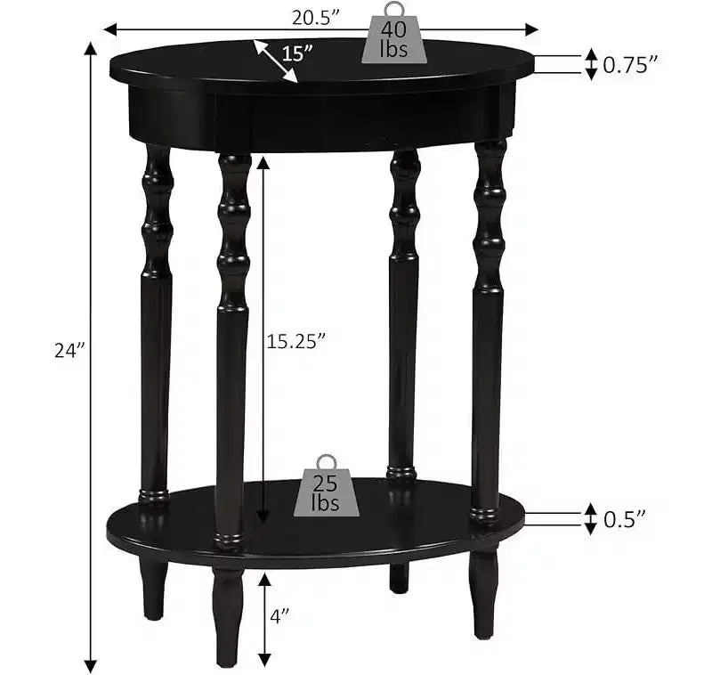 Table d'appoint ovale en bois massif avec étagère inférieure, pieds tournés, noir, 61 cm (H) x 51 cm (l)