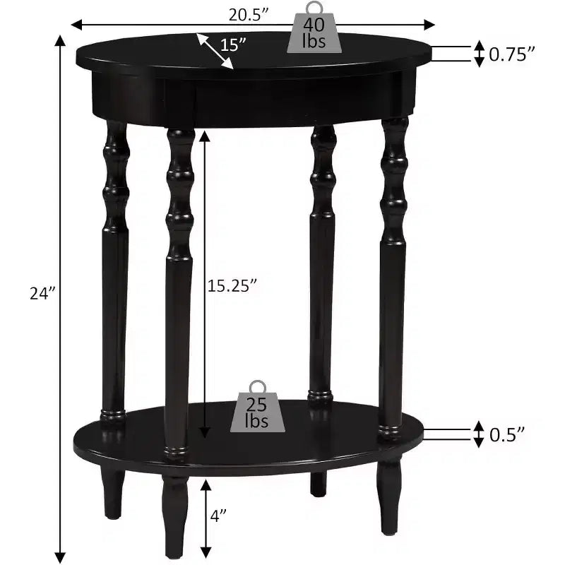 Table d'appoint ovale en bois massif avec étagère inférieure, pieds tournés, noir, 61 cm (H) x 51 cm (l)