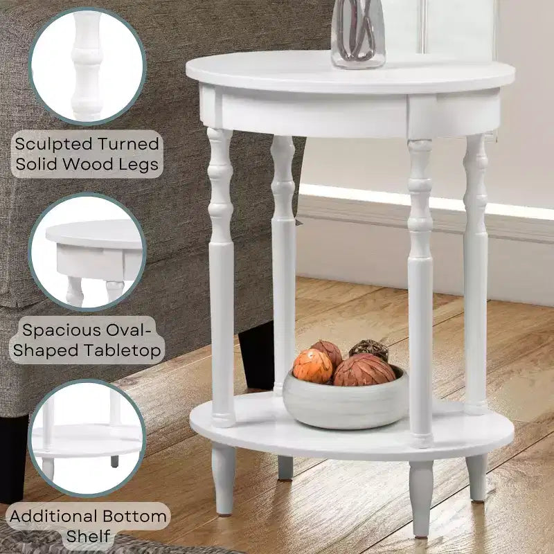 Table d'appoint ovale en bois massif avec étagère inférieure, pieds tournés, noir, 61 cm (H) x 51 cm (l)