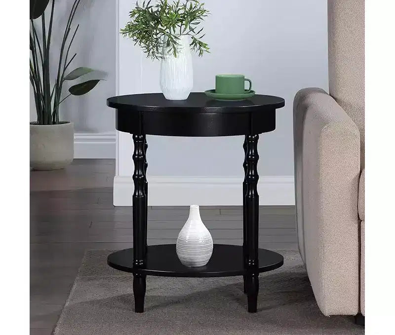 Table d'appoint ovale en bois massif avec étagère inférieure, pieds tournés, noir, 61 cm (H) x 51 cm (l)